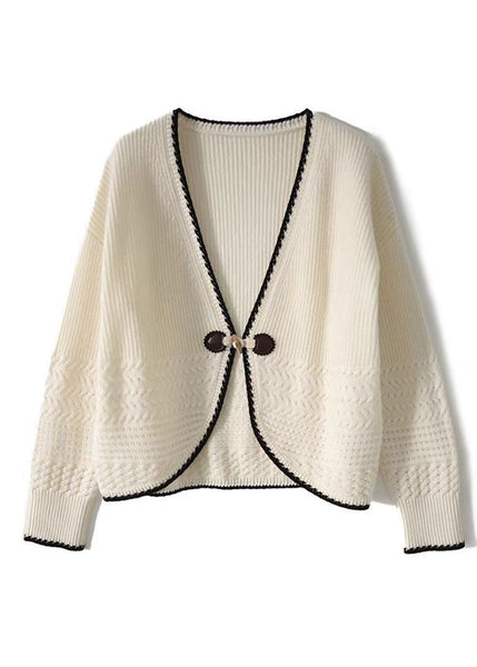 Women Beige V Neck Woolen Knit Cardigan Fall QC049 shopify