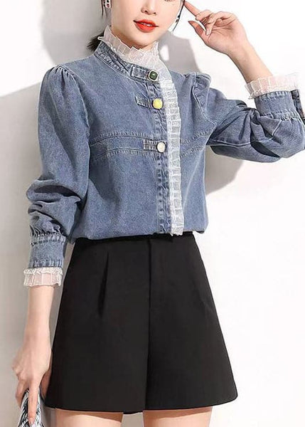 French Blue Stand Collar Asymmetrical Patchwork Lace Cotton Denim Coats Long Sleeve AJ1005 shopify