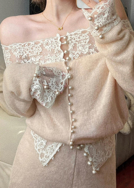 Two Apricot Piece Knit Set Slash Patchwork Lace Neck Suit Fine FashionChic