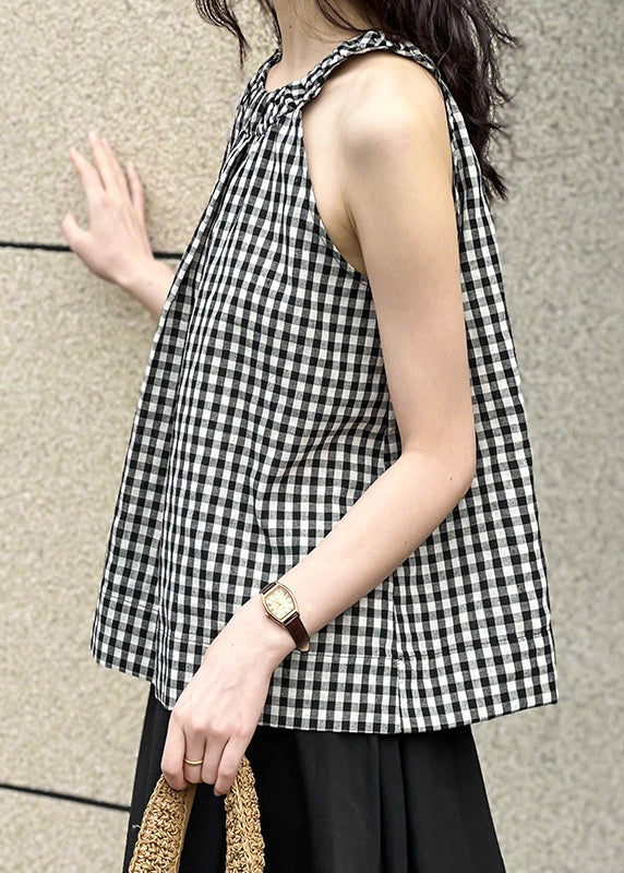 French Plaid O-Neck Cold Shoulder Cotton Top Sleeveless AF1073 HS-VTP240914