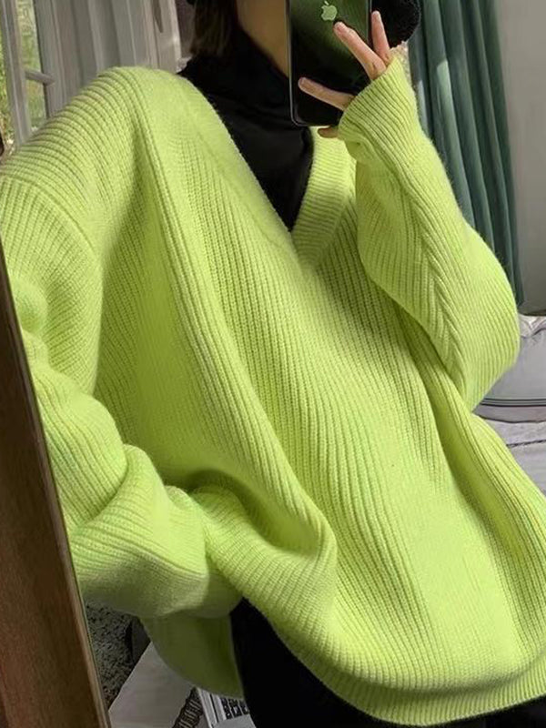 Simple Loose Klein Blue V-Neck Long Sleeve Knit Sweater AN1066 Genistyle Shop