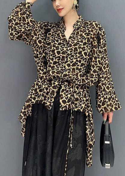 Fashion Leopard Stand Collar Asymmetrical Design Tops Fall AO1007 JDML-LTP240909