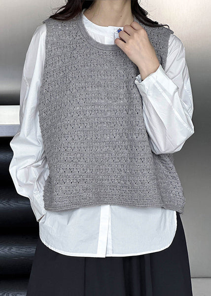 Plus Size Grey O Neck Hollow Out Knit Vest Sleeveless AF1084 HS-VTP240914