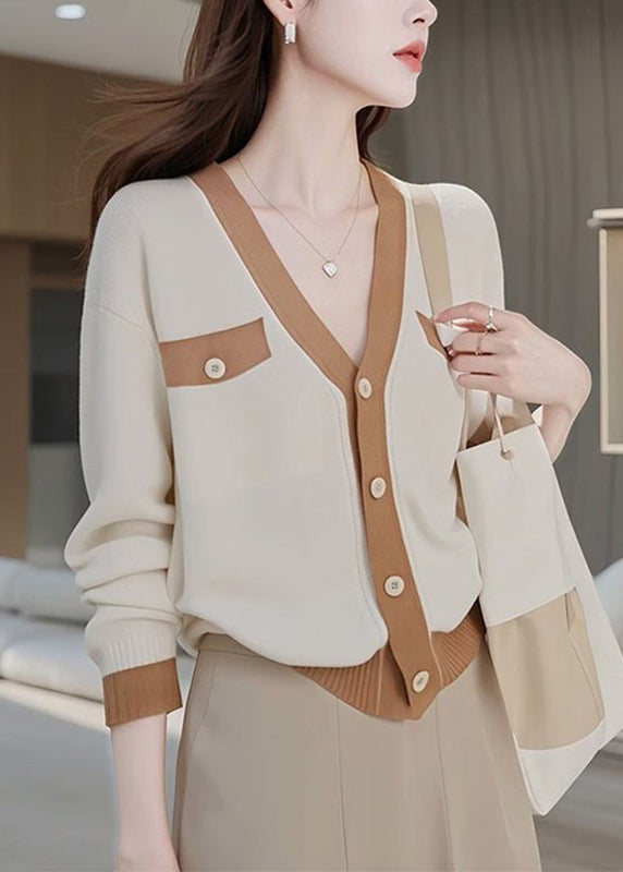 Fashion Colorblock V Neck Patchwork Button Cotton Knit Cardigans Fall QP026 OL-NCT241001
