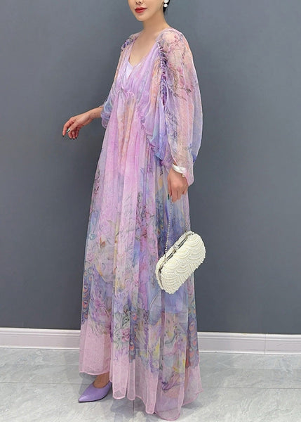 Women Lavender U Neck Print Patchwork Long Dresses Summer AO1064 JDML-SDL240909