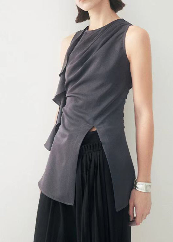 Original Grey O-Neck Ruffled Patchwork Side Open Top Sleeveless AN1016 Genistyle Shop