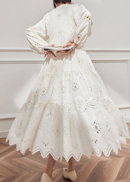 Beige V Out Hollow Lantern Cotton Neck Style Dresses French FashionChic