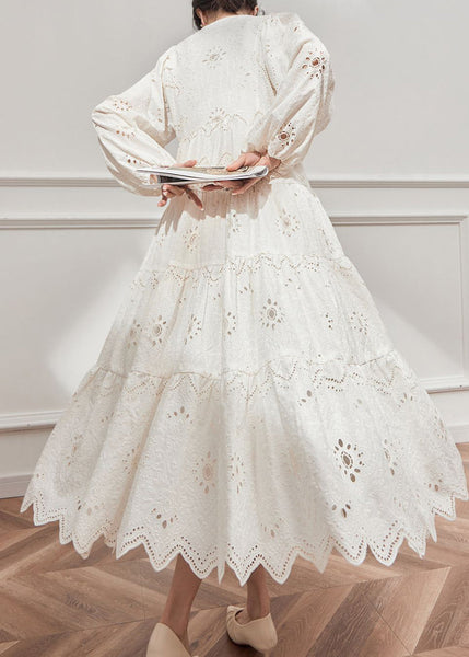 Beige V Out Hollow Lantern Cotton Neck Style Dresses French FashionChic