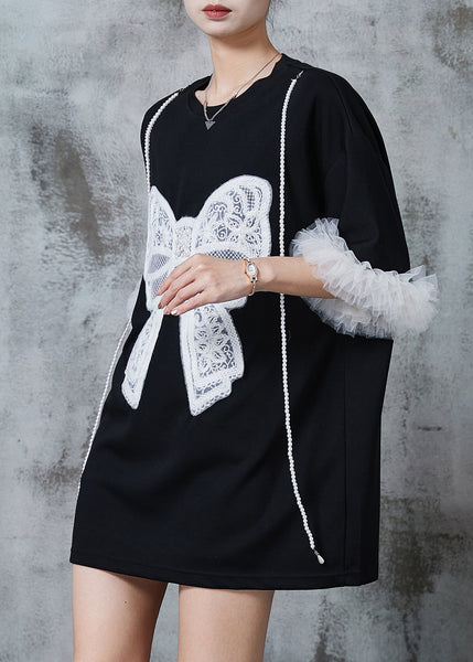 Modern Black Bow Embroideried Patchwork Cotton Tops Summer PZGY-STP240826