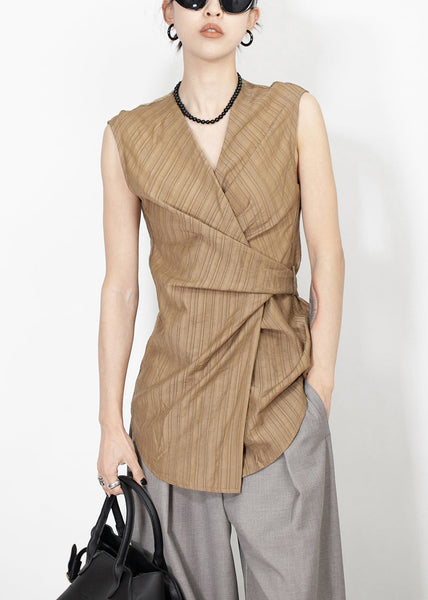 Stylish Brown V Neck Lace Up Silk Cotton Tank Sleeveless EE056 shopify