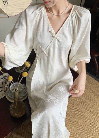 New Long Jacquard Beige Spring Neck Silk Oriental Dress Button V FashionChic