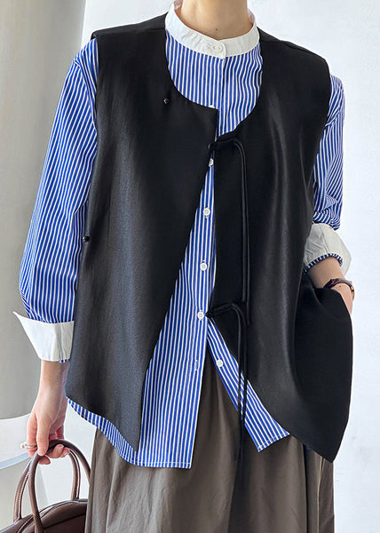 French Black Button Solid Cotton Waistcoat Sleeveless AF1088 HS-CTS240914