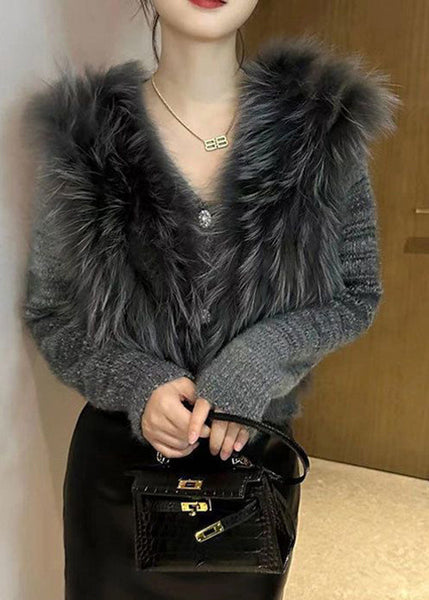 Art Grey V Neck Fur Collar Cotton Knit Sweater Winter WV027 ABC