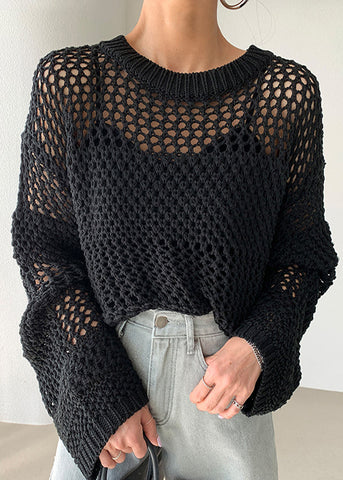 Spring Oversized Hollow Out Knit Style Sweaters Black FashionChic