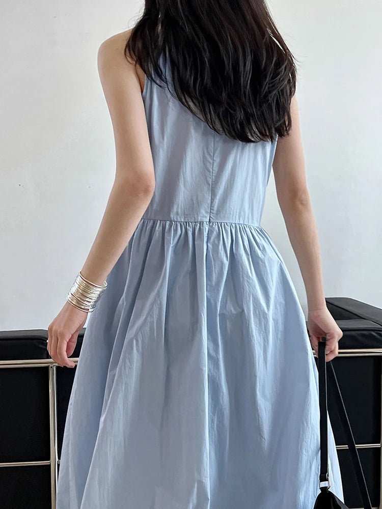 Patchwork O-neck Dress Simple Sleeveless Blue Puff Hem FashionChic