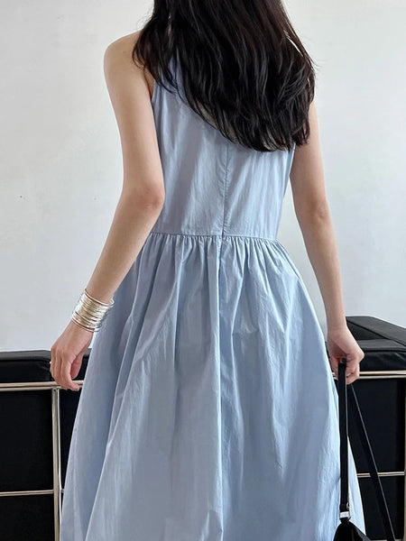 Patchwork O-neck Dress Simple Sleeveless Blue Puff Hem FashionChic