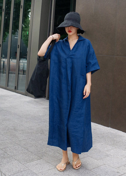 Wrinkled Open Sleeve Side Dress Linen Blue Short FashionChic