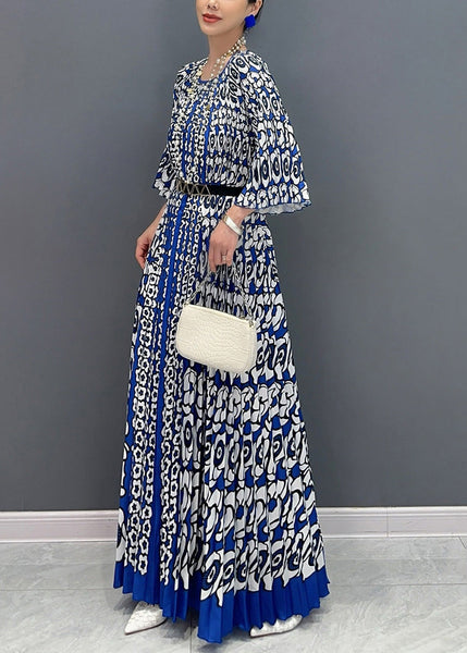 French Blue O Neck Print Wrinkled Long Dress Bracelet Sleeve AO1004 JDML-SDL240909