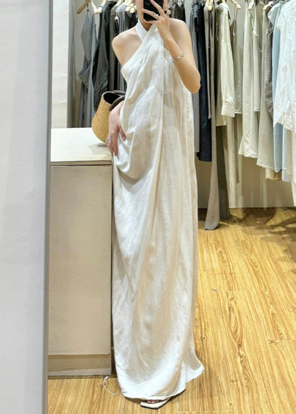 New White Cold Shoulder Solid Cotton Maxi Dresses Sleeveless EE011 shopify