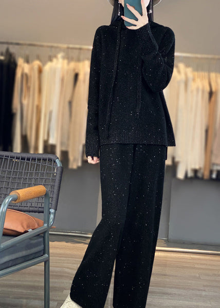 Organic Black Hooded Sweaters And Pants Woolen Two Pieces Set Fall WV018 ABC