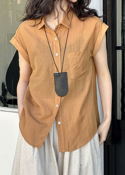 Elegant Orange Peter Pan Collar Button Silk Cotton Shirt Summer AF1024 HS-STP240914