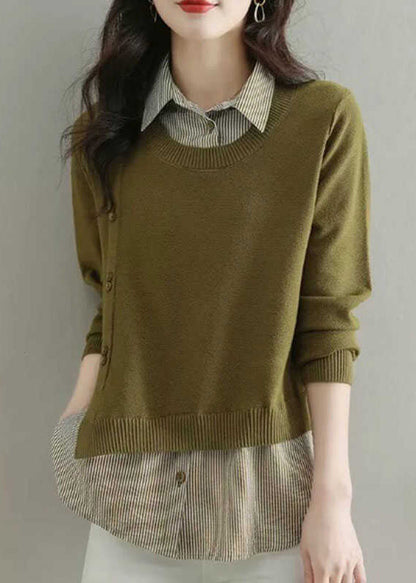 Natural Coffee Peter Pan Collar Patchwork Fake Two Pieces Wool Knit Shirt Fal WD038 OL-NTP241103