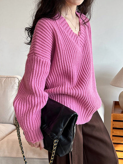 Urban Fuchsia V-Neck Long Sleeve Knit Sweater AN1046 Genistyle Shop
