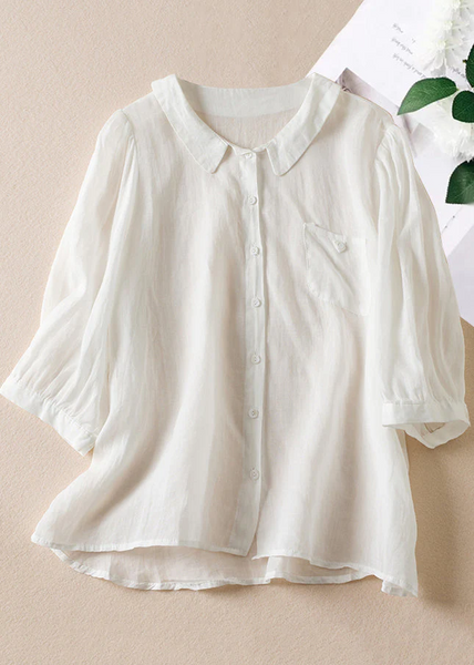 Grace Pink Peter Pan Collar Button Linen Shirt Bracelet Sleeve QR021 GSK-240929