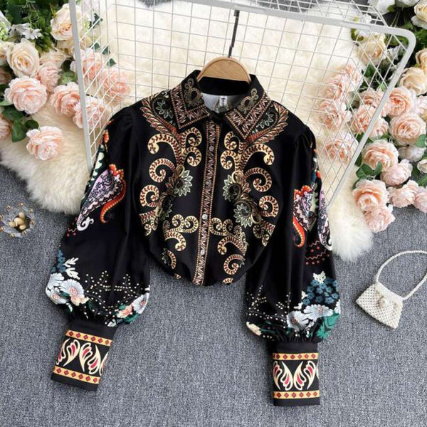 Retro Black Lapel Field Totem Print Buttoned Lantern Sleeve Blouse AR1004 shopify