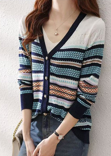 Women Colorblock V Neck Striped Patchwork Button Knit Cardigans Fall QP010 OL-NCT241001