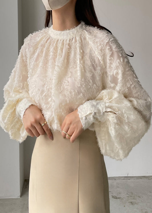 Sleeve Shirt Lantern Classy Chiffon Tasseled Beige Top FashionChic