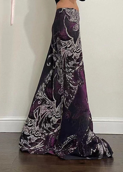Purple Print Spring Bohemian Draping Line A Skirt FashionChic