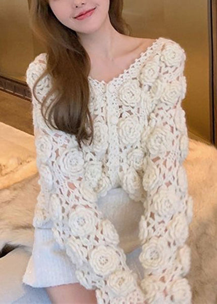 Floral Beige Button Hollow Out Cotton Knit Coats Spring AJ1025 shopify