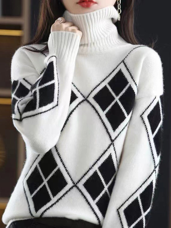Casual Red High-Neck Contrast Color Plaid Long Sleeves Sweater QX014 shopify
