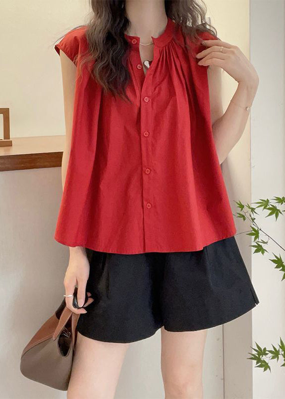 Women Red O Neck Button Cotton Blouses Sleeveless QP063 OL-STP241001