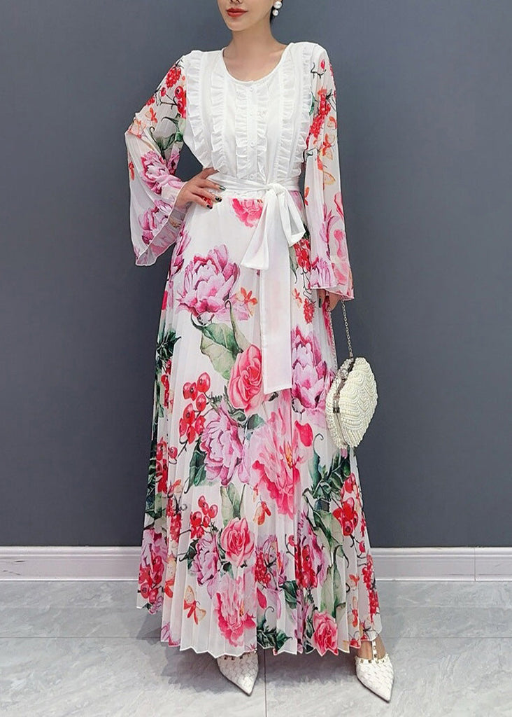 Fashion White O-Neck Ruffled Patchwork Tie Waist Chiffon Long Dress Long Sleeve AO1034 JDML-FDL240909