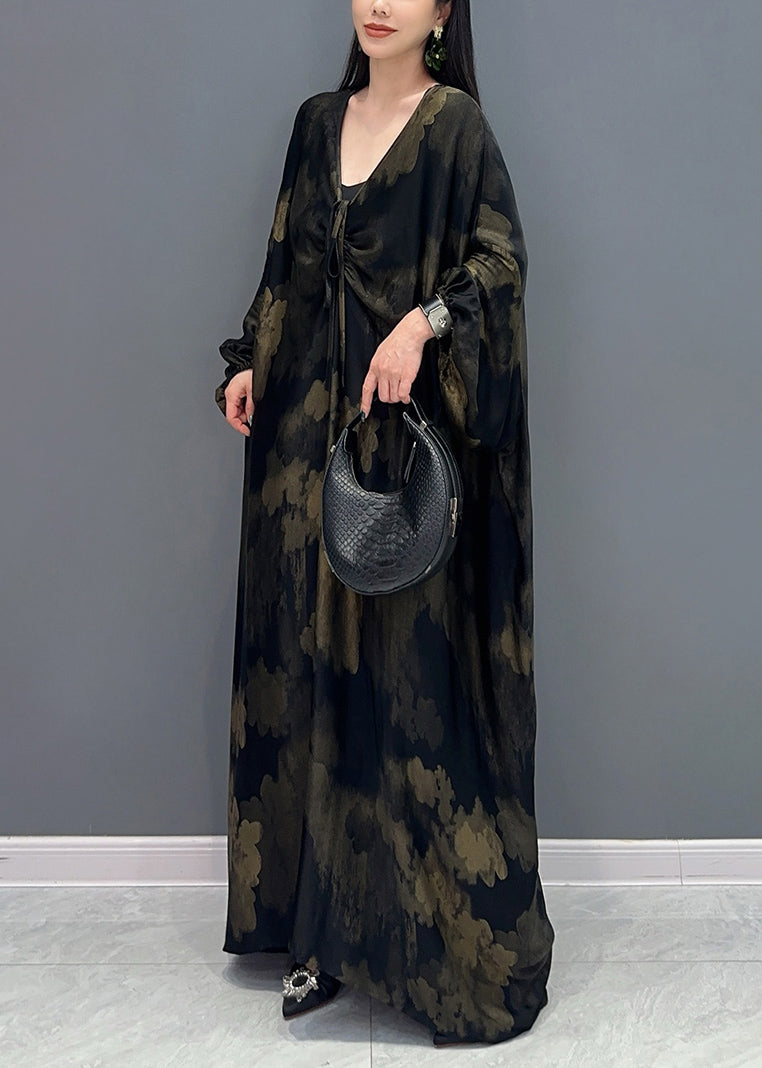 Plus Size Black V Neck Print Holiday Maxi Dress Long Sleeve AO1068 JDML-FDL240909