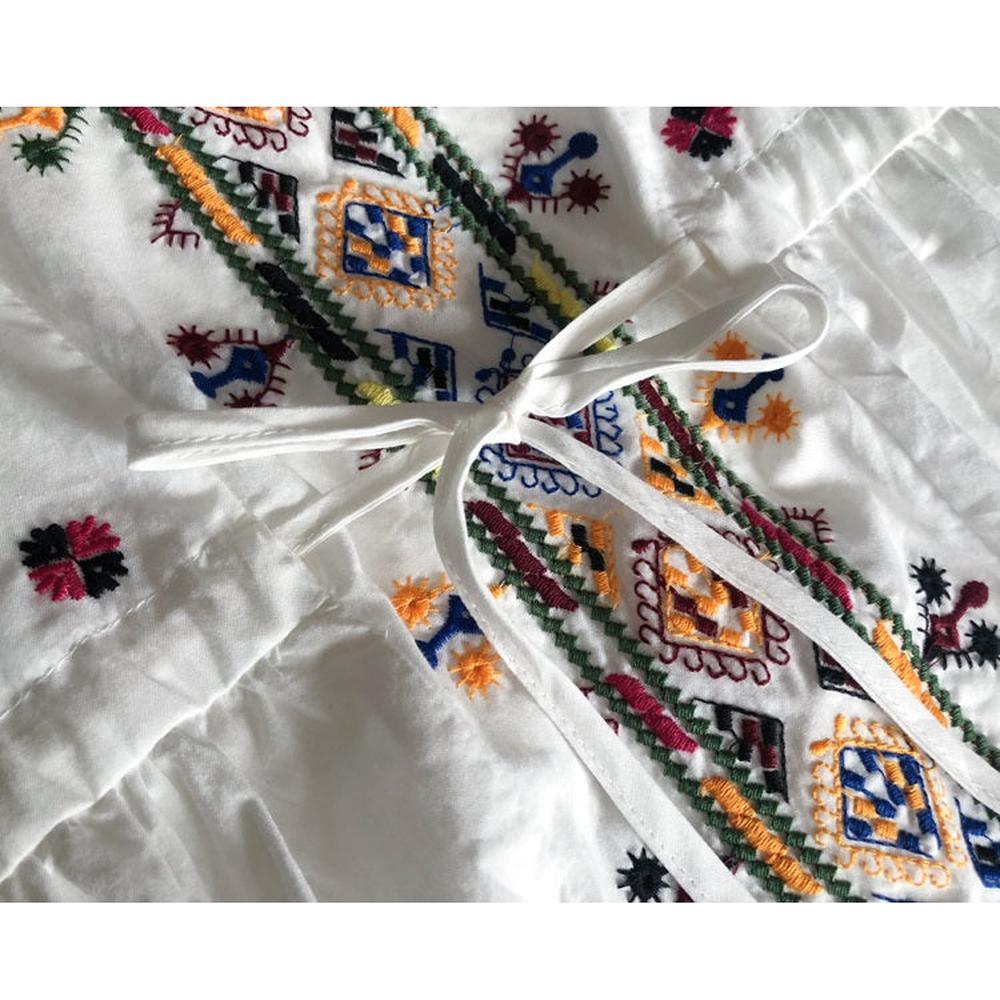 Boho White V-neck Floral Embroidery Lace-up Three-quarter Sleeves Dress AR1020 shopify