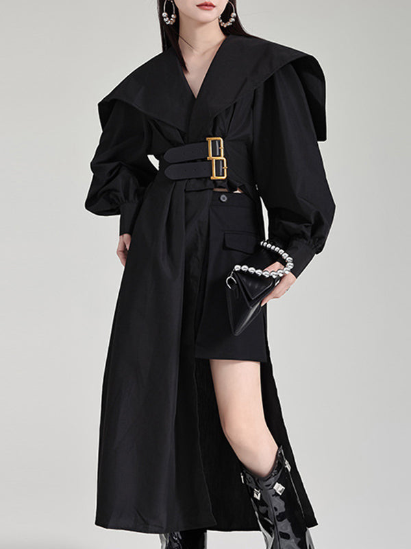 Pleated Black Asymmetric Lapel Waisted Long High Modern Belted FashionChic