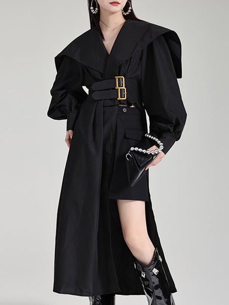 Pleated Black Asymmetric Lapel Waisted Long High Modern Belted FashionChic