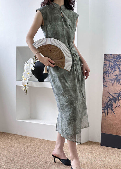 New Grey Button Lace Up Silk Cotton Long Dress Summer AF1012 HS-SDL240914