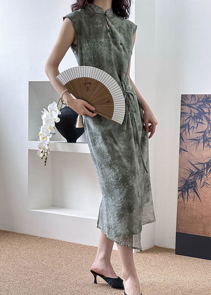 New Grey Button Lace Up Silk Cotton Long Dress Summer AF1012 HS-SDL240914