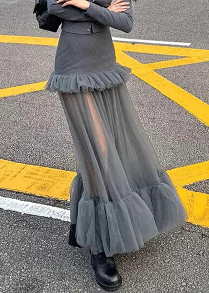 Slim Fit Grey Ruffled Tulle Patchwork Maxi Skirts Spring RV006 ABC