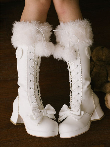 Top Boots Embellishments Lace+Zip System Bow - with Lolita Cuff Plush Knee-High White Sweet FashionChic