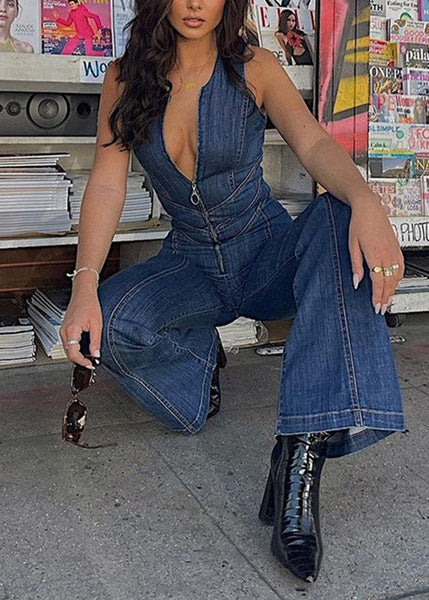 Backless Zip Jumpsuit Blue New Up Sleeveless Denim FashionChic