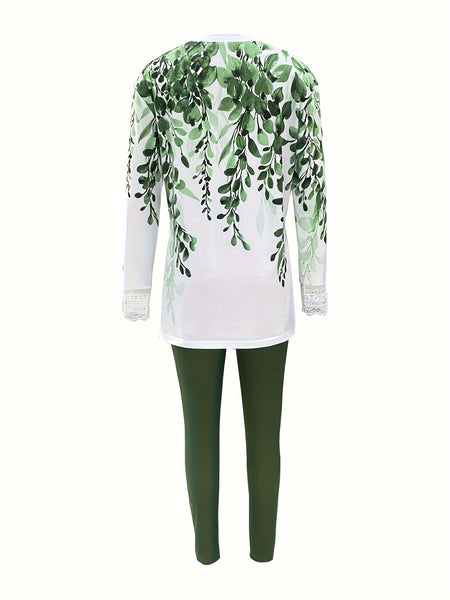 Chic Lace-Trimmed Two-Piece Set: Comfy Crew Neck Top & Sleek Skinny Pants for Every Occasion Furdela