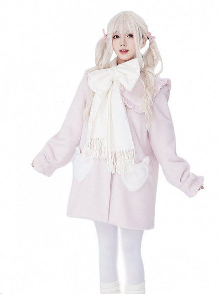 Sweet Bow Ruffled Coat Winter Scarf and Heart-Shaped + with Lolita Pockets White Pink Collar FashionChic