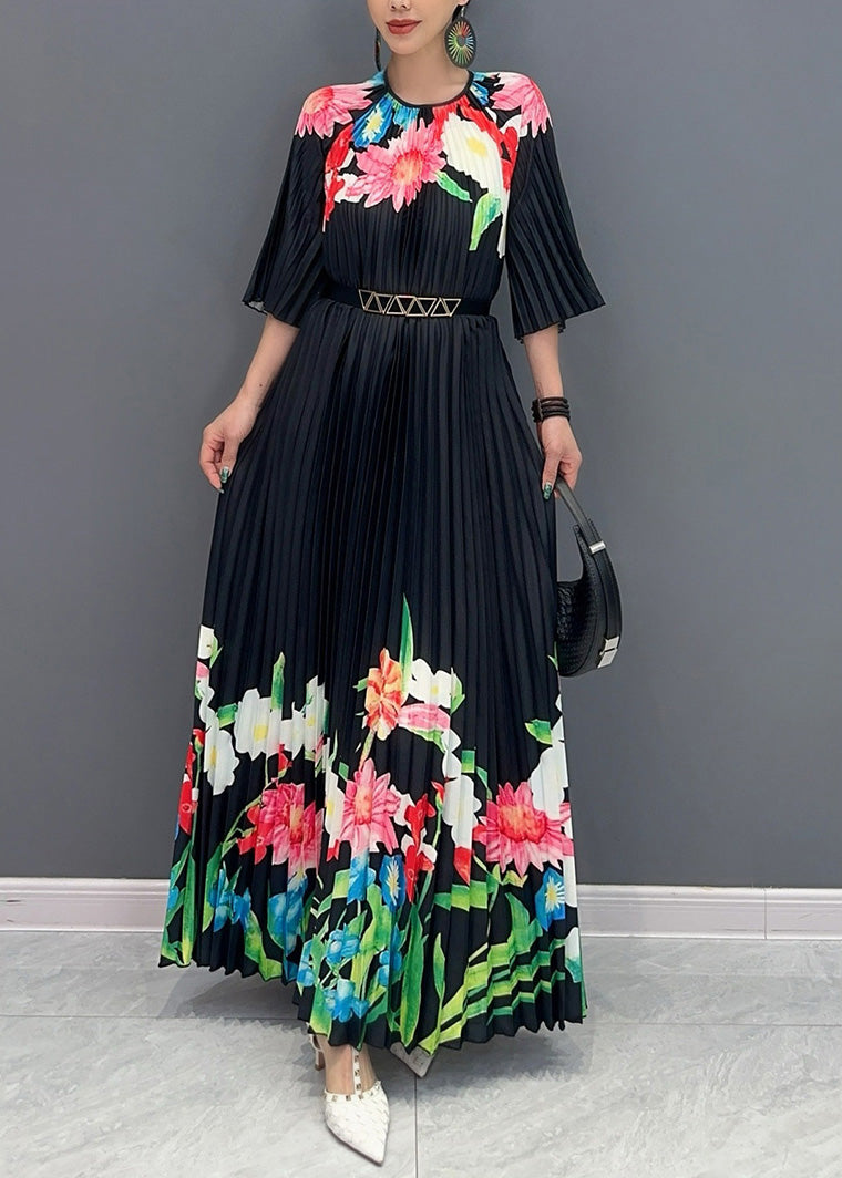 Classy Black O-Neck Print Flattering Maxi Dresses Half Sleeve AO1039 JDML-SDL240909