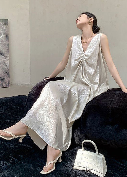 French Beige V Neck Wrinkled Silk Long Dress Sleeveless EE024 shopify
