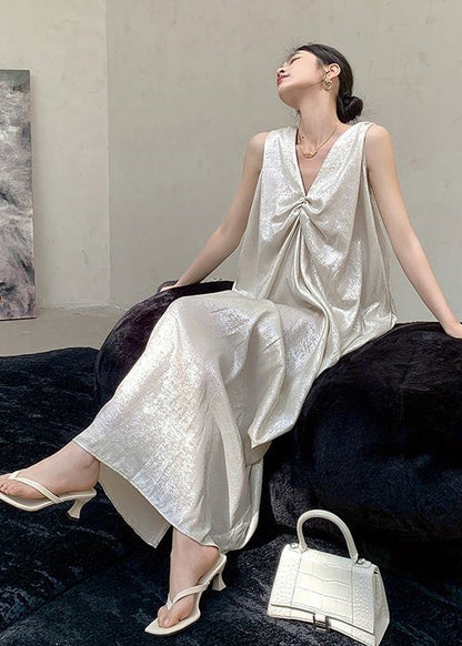 French Beige V Neck Wrinkled Silk Long Dress Sleeveless EE024 shopify